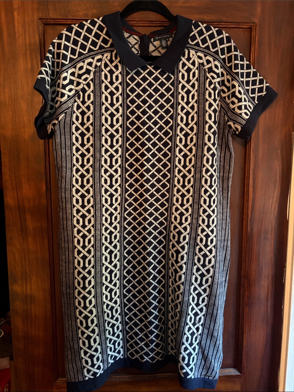 Tommy Hilfiger Navy and White Knit Polo Dress with Geometric Pattern